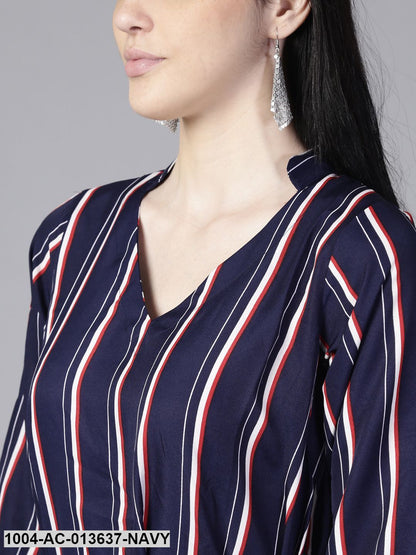 Navy Blue Striped Striped Mandarin Collar A-Line Dress
