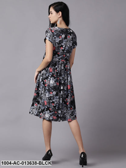 Black Floral Printed Round Neck A-Line Dress