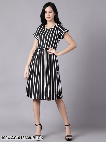 Black Striped Striped Round Neck A-Line Dress