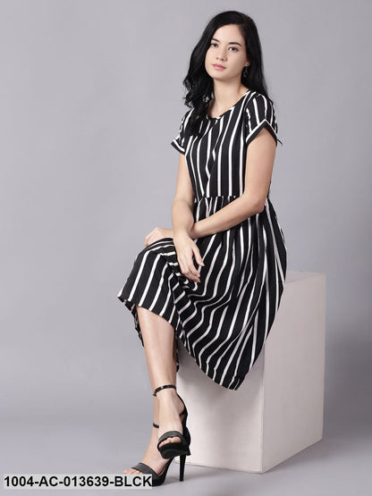 Black Striped Striped Round Neck A-Line Dress