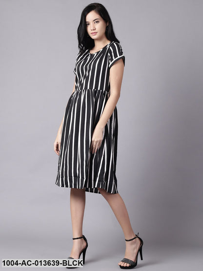 Black Striped Striped Round Neck A-Line Dress