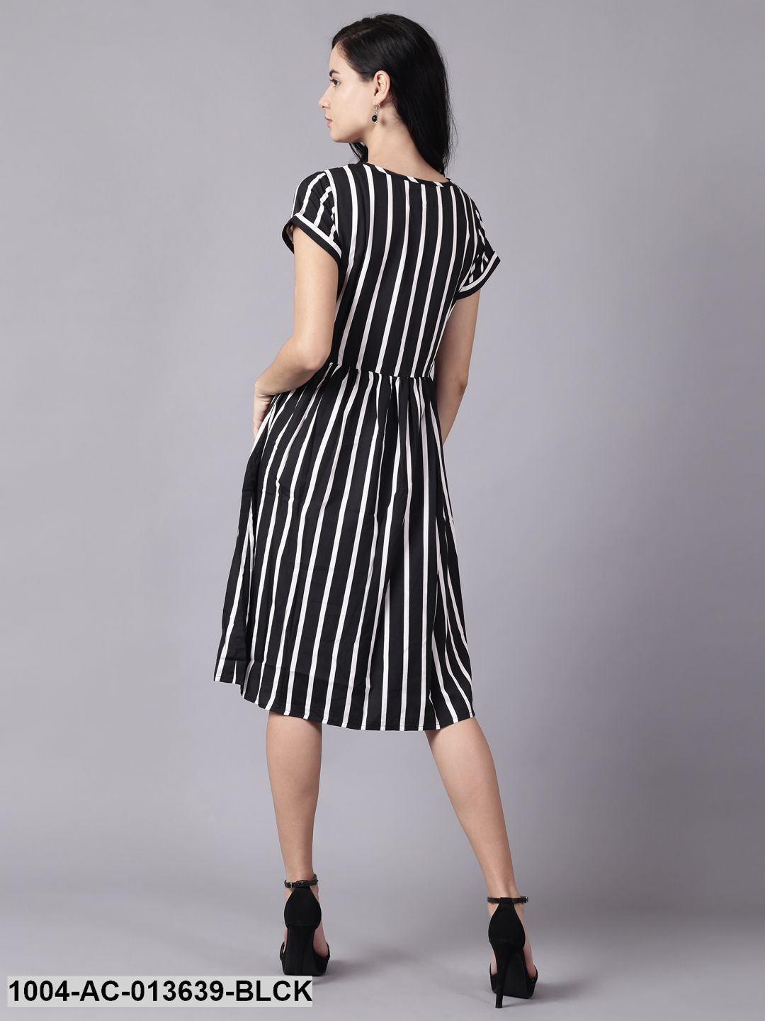 Black Striped Striped Round Neck A-Line Dress