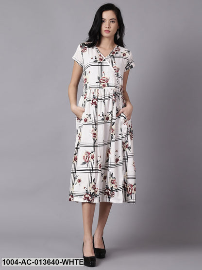 White Floral Printed V-Neck Fit and Flare Dress