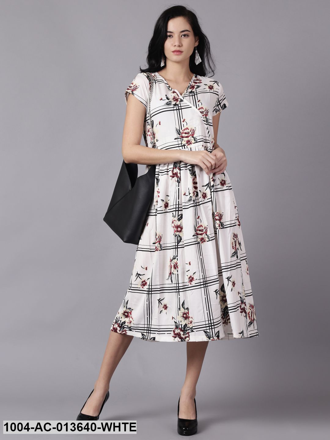 White Floral Printed V-Neck Fit and Flare Dress