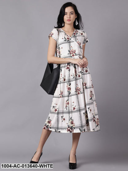 White Floral Printed V-Neck Fit and Flare Dress