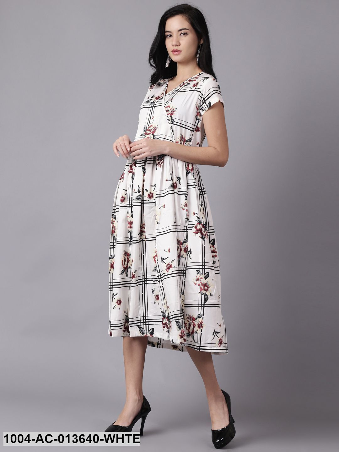 White Floral Printed V-Neck Fit and Flare Dress