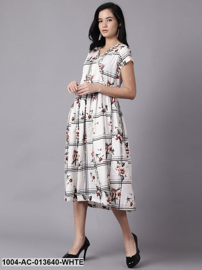 White Floral Printed V-Neck Fit and Flare Dress