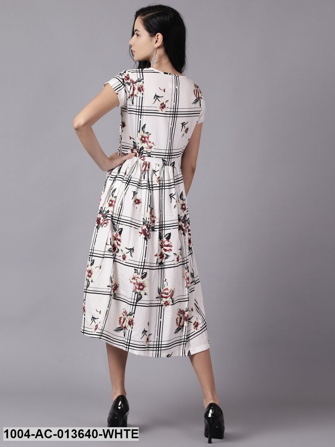 White Floral Printed V-Neck Fit and Flare Dress