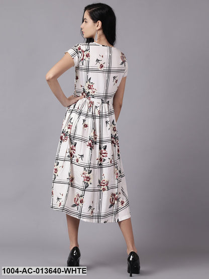 White Floral Printed V-Neck Fit and Flare Dress