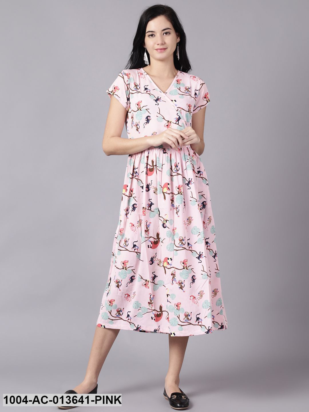 Pink Floral Printed V-Neck Fit and Flare Dress