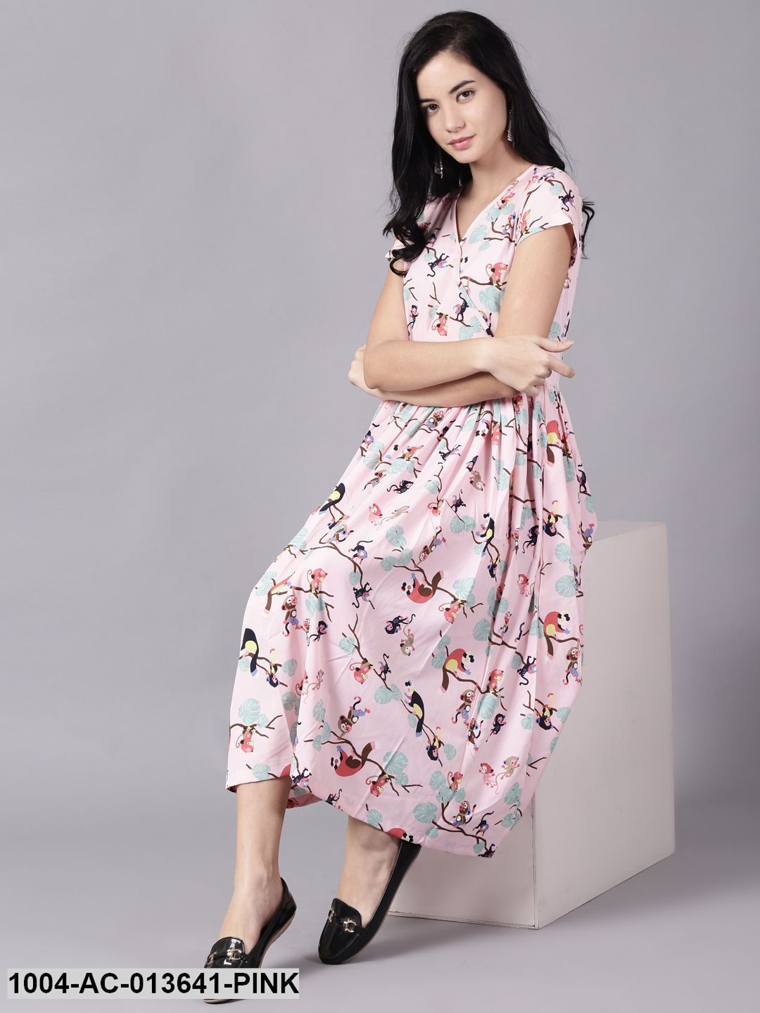 Pink Floral Printed V-Neck Fit and Flare Dress