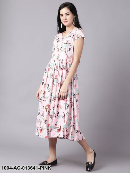 Pink Floral Printed V-Neck Fit and Flare Dress