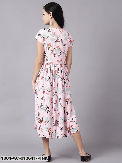 Pink Floral Printed V-Neck Fit and Flare Dress