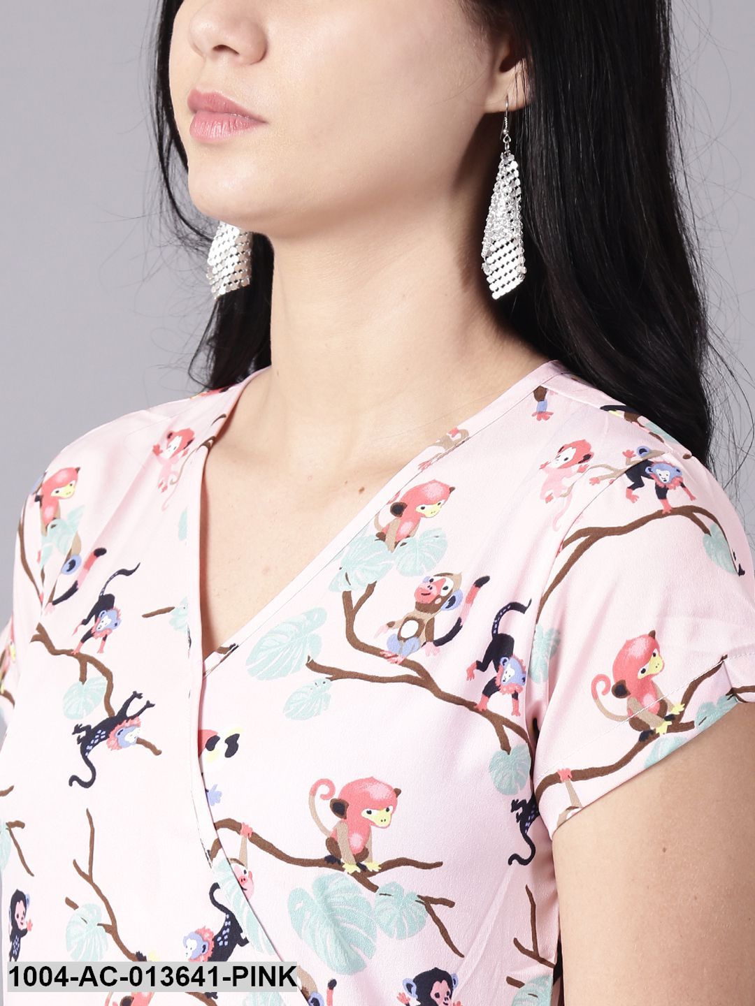 Pink Floral Printed V-Neck Fit and Flare Dress