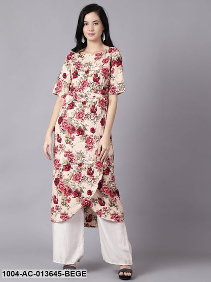 Beige Floral Printed Round Neck A-Line Dress