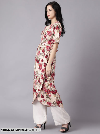 Beige Floral Printed Round Neck A-Line Dress
