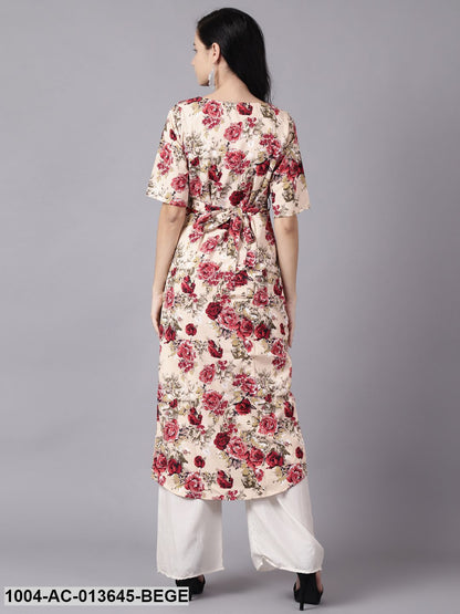 Beige Floral Printed Round Neck A-Line Dress