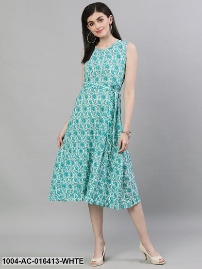 White Floral Printed Round Neck Cotton A-Line Dress