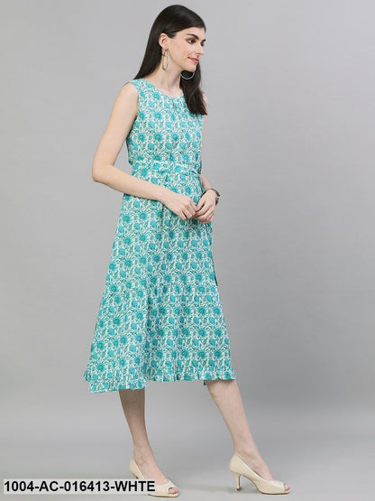 White Floral Printed Round Neck Cotton A-Line Dress