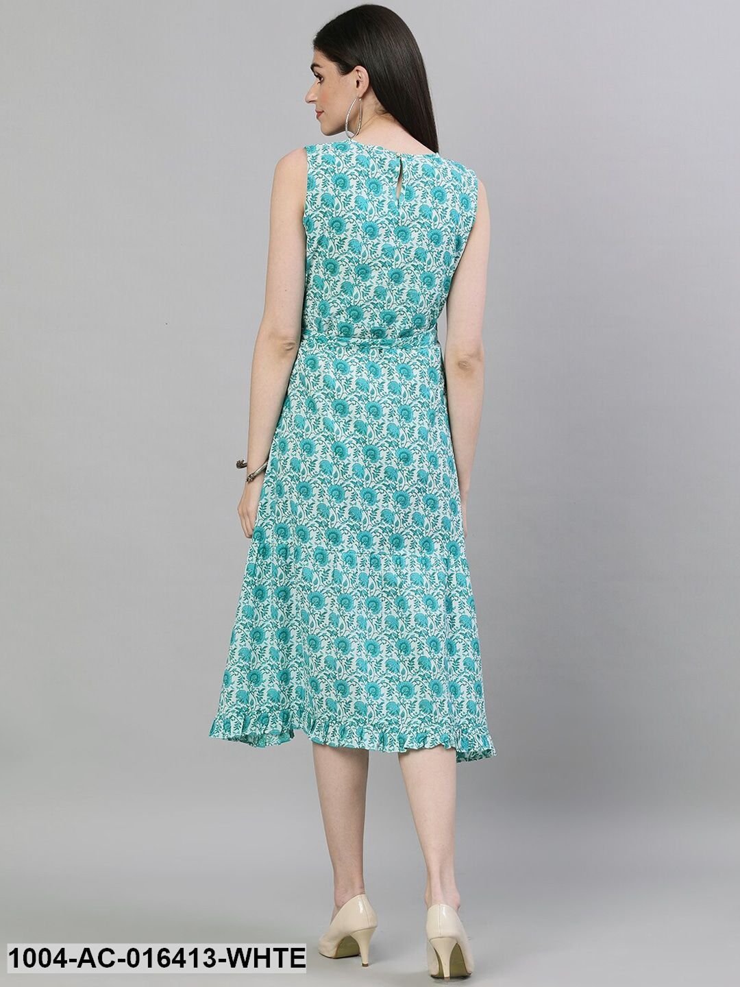 White Floral Printed Round Neck Cotton A-Line Dress