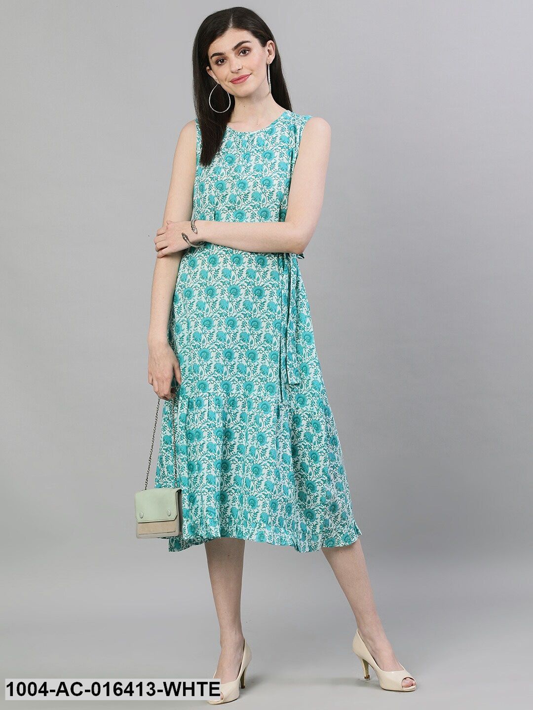 White Floral Printed Round Neck Cotton A-Line Dress