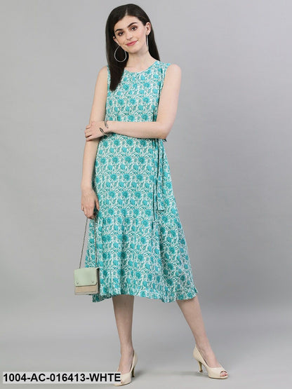 White Floral Printed Round Neck Cotton A-Line Dress