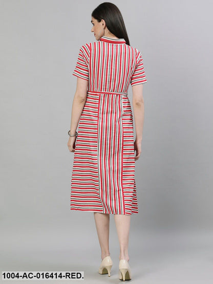 Red Striped Striped Shirt Collar Cotton A-Line Dress