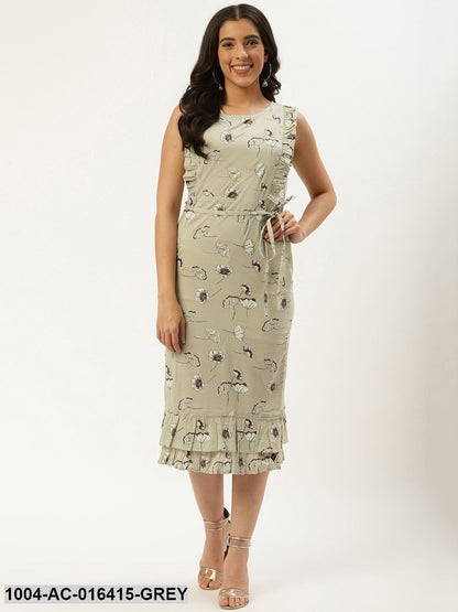 Grey Floral Printed Round Neck Cotton A-Line Dress