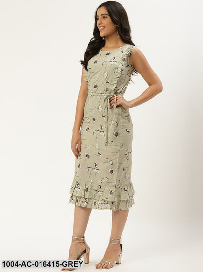 Grey Floral Printed Round Neck Cotton A-Line Dress