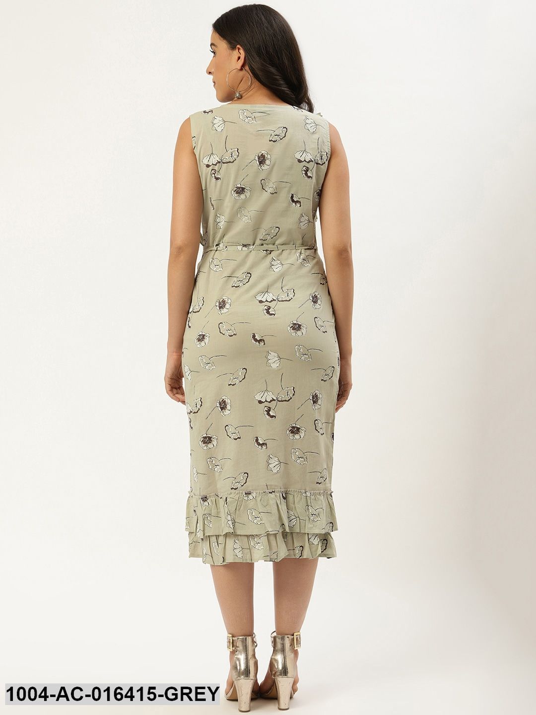 Grey Floral Printed Round Neck Cotton A-Line Dress