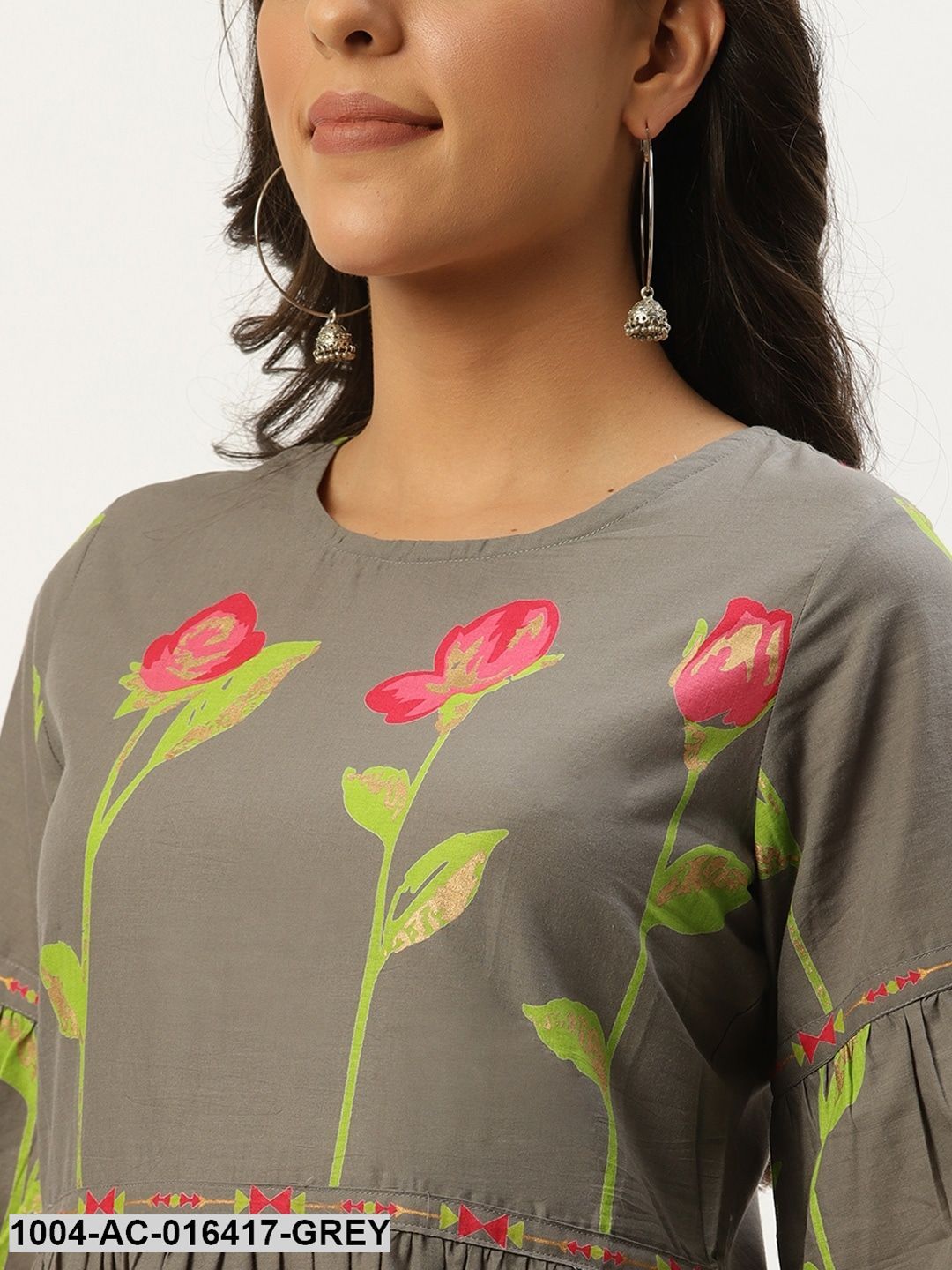 Grey Floral Printed Round Neck Cotton A-Line Dress