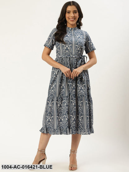 Blue Ethnic Motifs Printed High-neck Cotton A-Line Dress