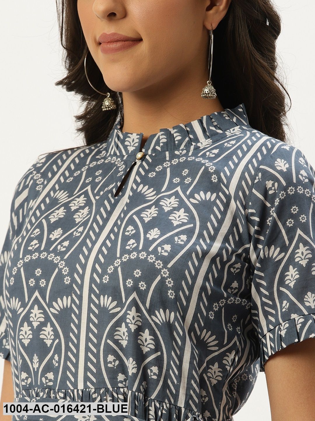 Blue Ethnic Motifs Printed High-neck Cotton A-Line Dress