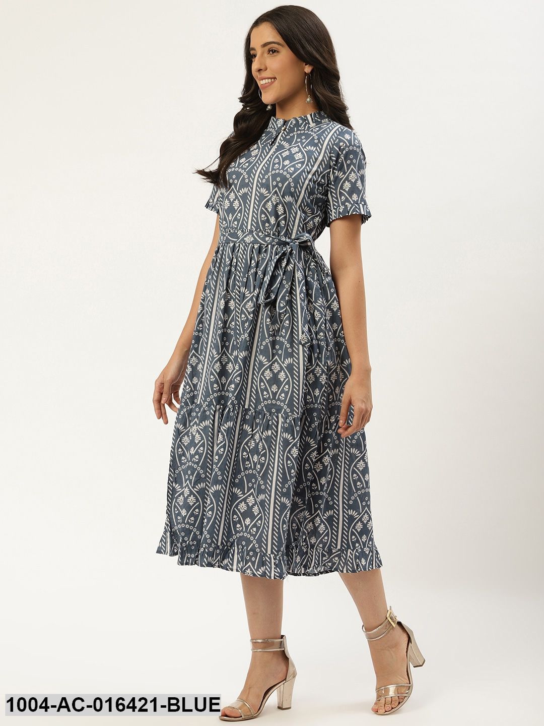 Blue Ethnic Motifs Printed High-neck Cotton A-Line Dress