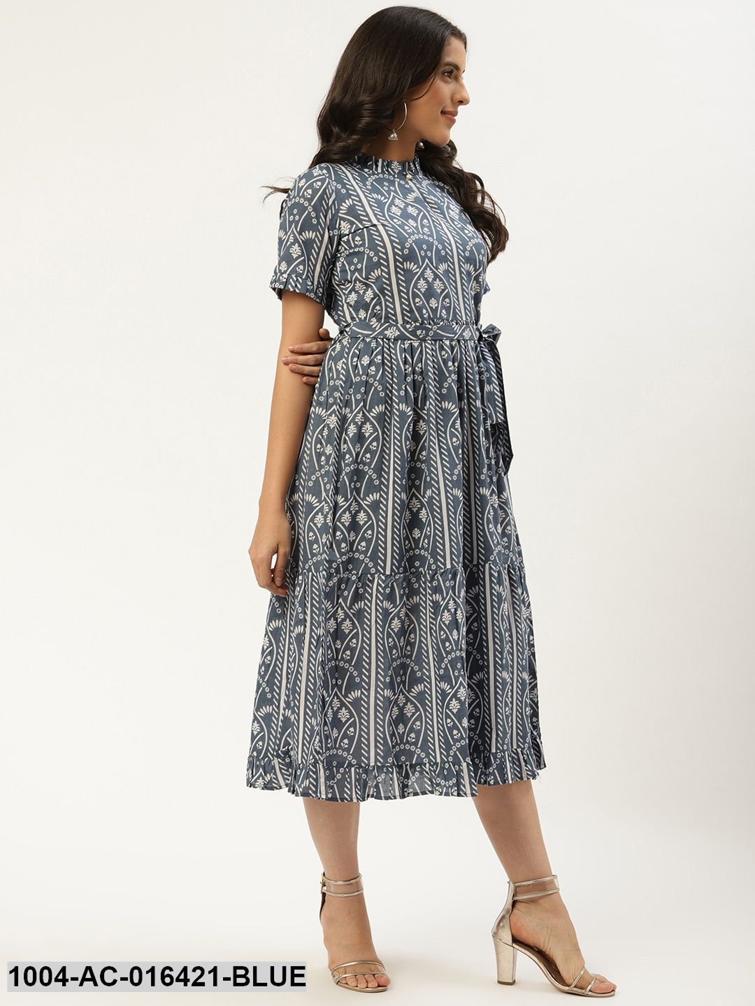 Blue Ethnic Motifs Printed High-neck Cotton A-Line Dress