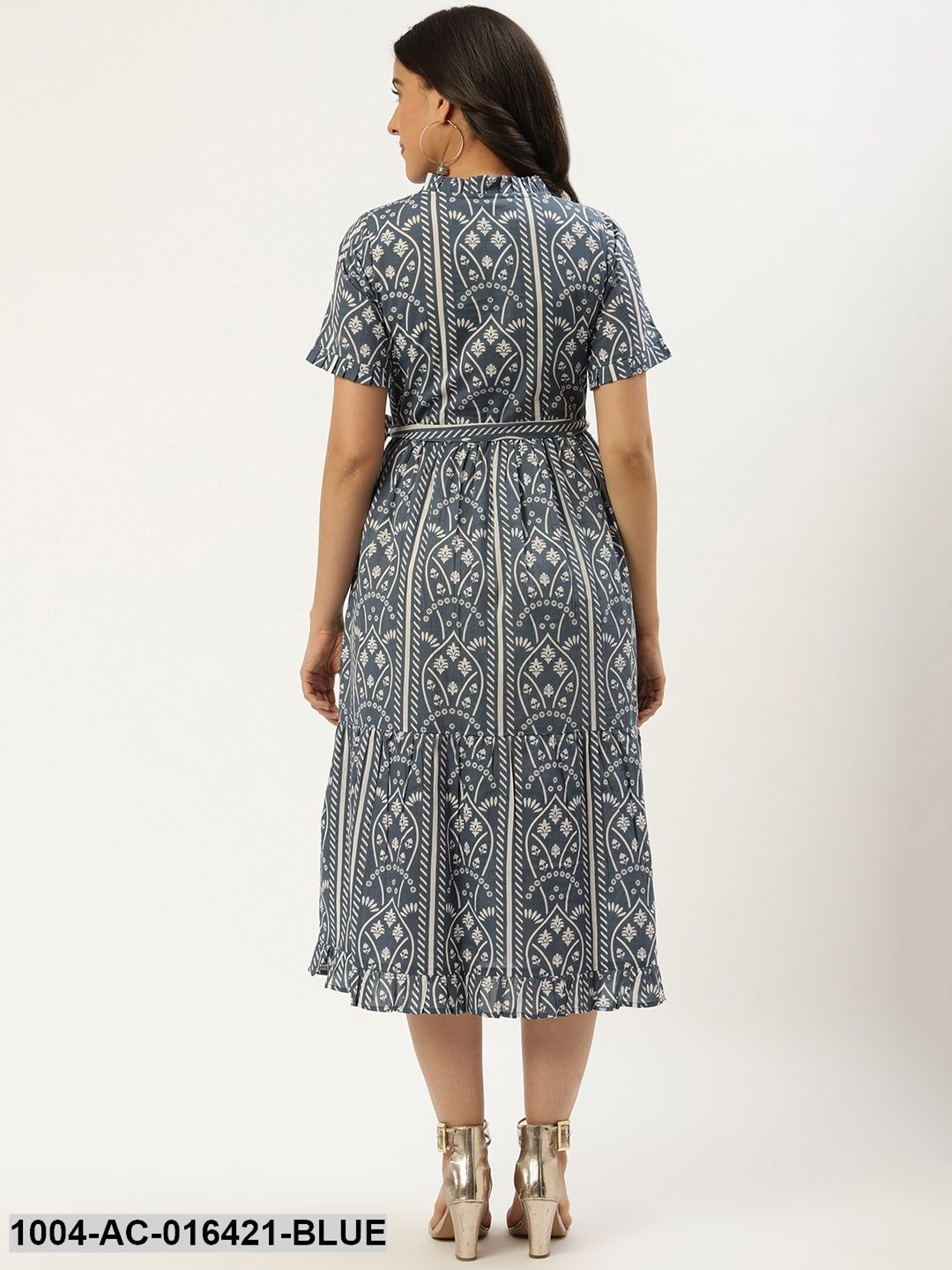 Blue Ethnic Motifs Printed High-neck Cotton A-Line Dress