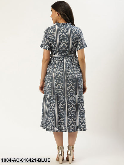 Blue Ethnic Motifs Printed High-neck Cotton A-Line Dress
