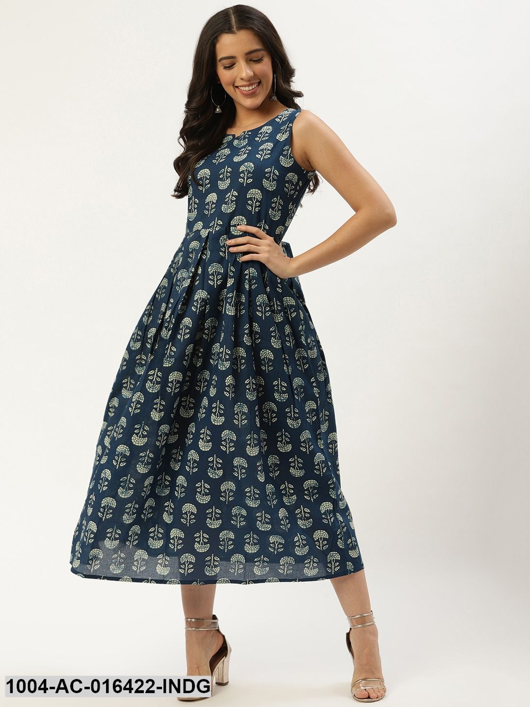 Indigo Blue Floral Printed V-Neck Cotton A-Line Dress