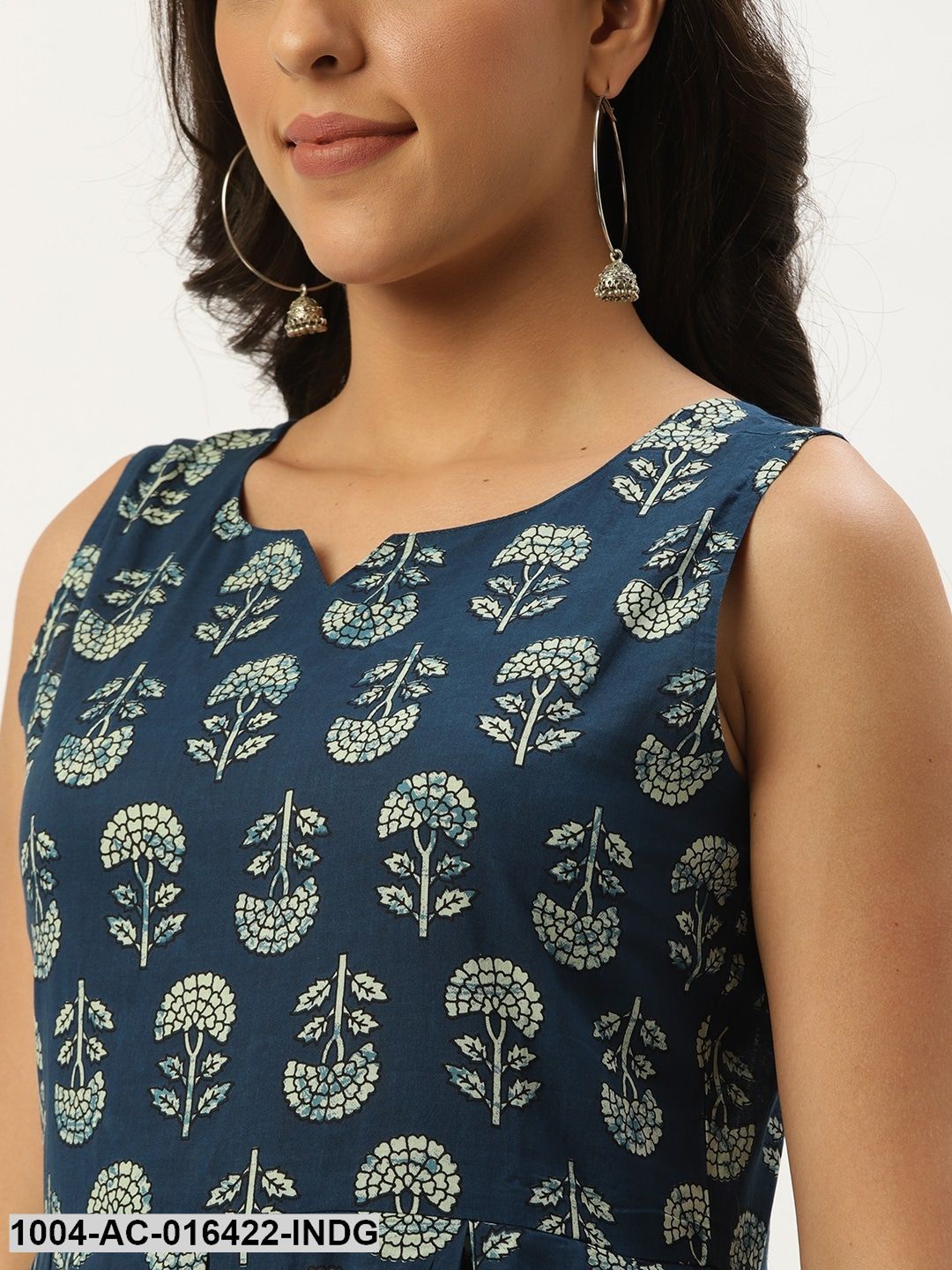 Indigo Blue Floral Printed V-Neck Cotton A-Line Dress