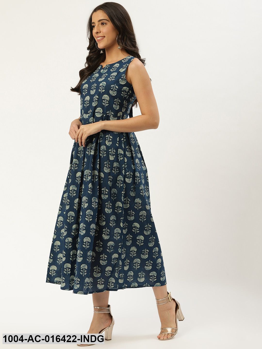 Indigo Blue Floral Printed V-Neck Cotton A-Line Dress