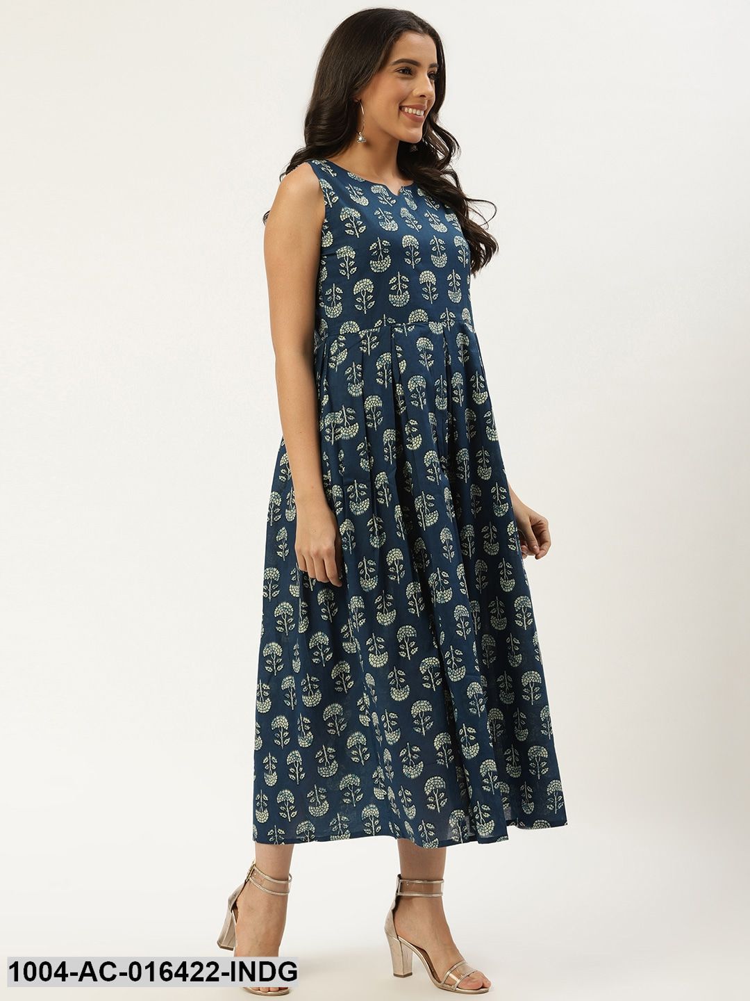 Indigo Blue Floral Printed V-Neck Cotton A-Line Dress