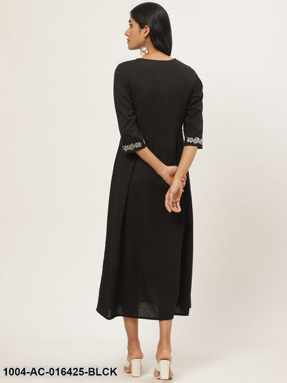 Black Solid Solid Round Neck Cotton Fit and Flare Dress