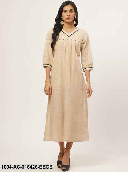 Beige Solid Solid V-Neck Cotton A-Line Dress