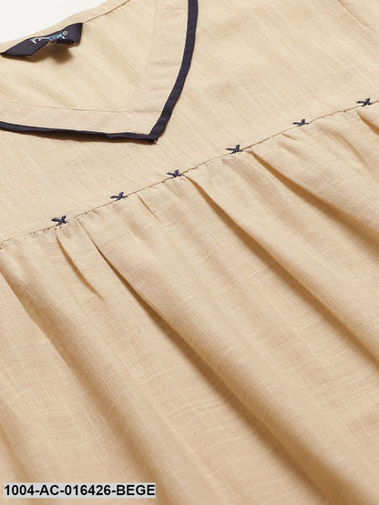 Beige Solid Solid V-Neck Cotton A-Line Dress