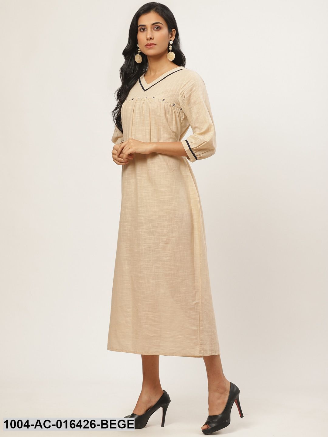 Beige Solid Solid V-Neck Cotton A-Line Dress