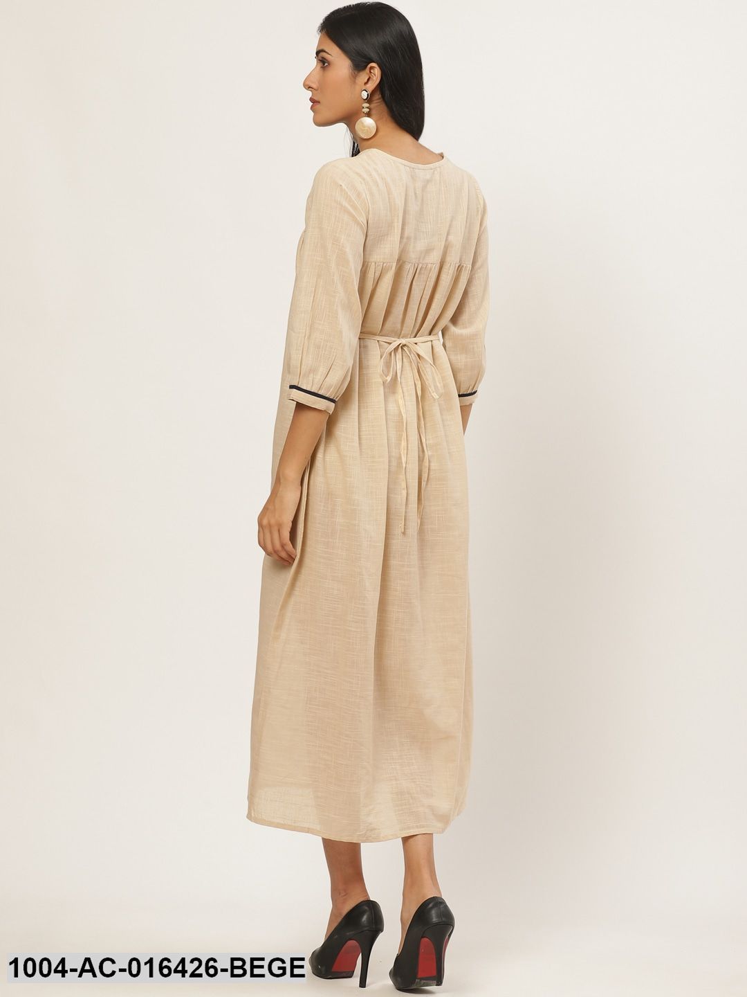 Beige Solid Solid V-Neck Cotton A-Line Dress