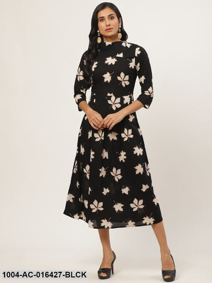 Black Floral Printed Shirt Collar Cotton Fit and Flare Dress