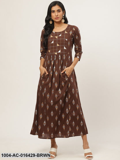 Brown Ethnic Motifs Printed Round Neck Cotton Fit and Flare Dress