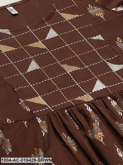 Brown Ethnic Motifs Printed Round Neck Cotton Fit and Flare Dress