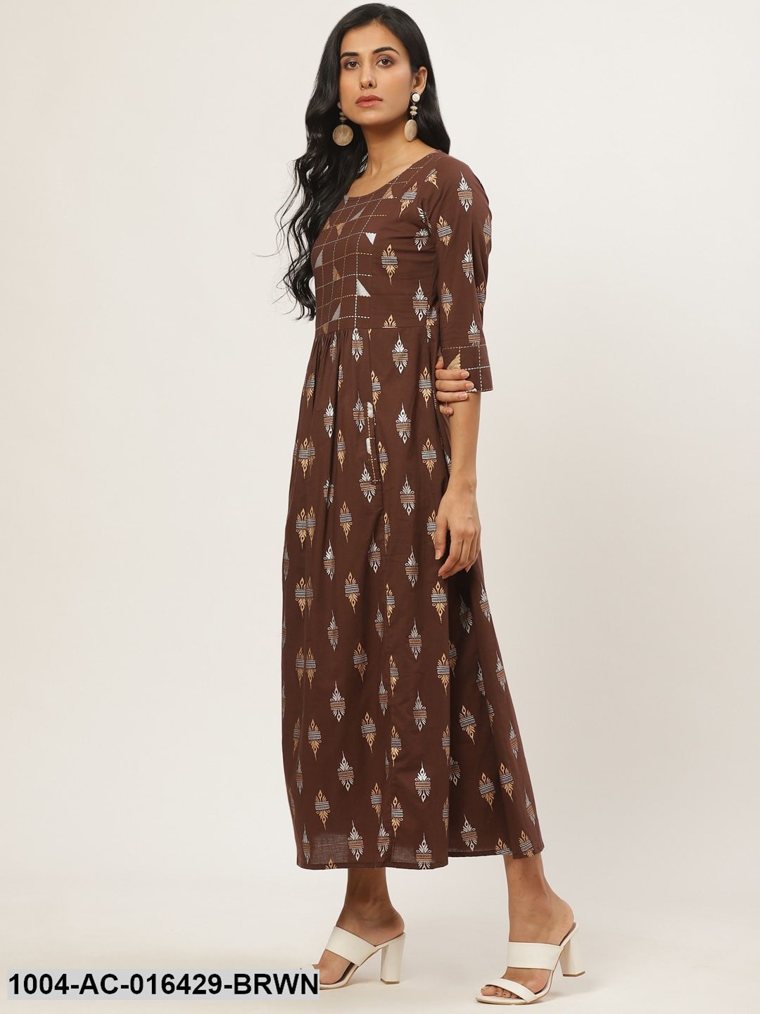 Brown Ethnic Motifs Printed Round Neck Cotton Fit and Flare Dress